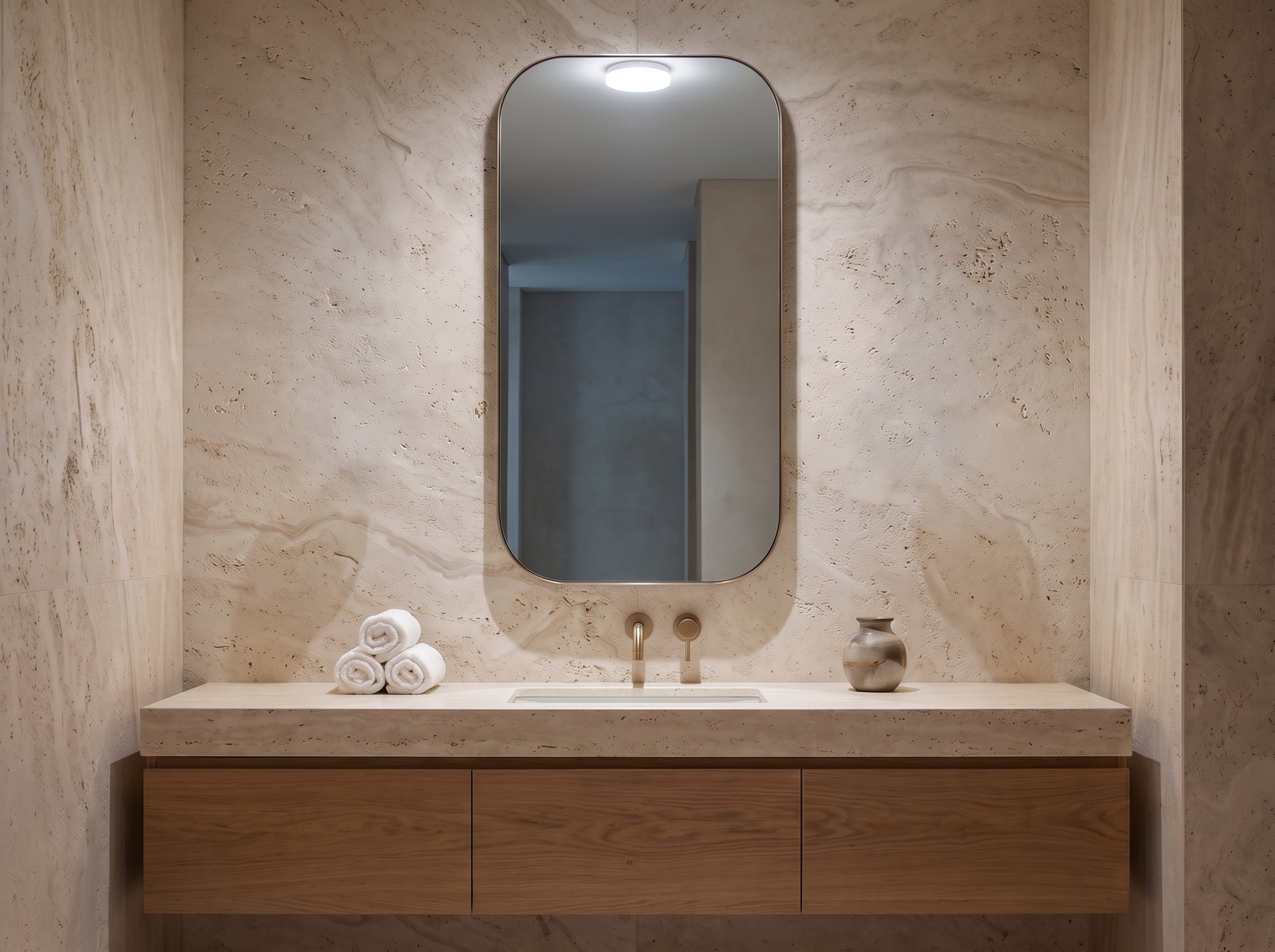 Bathroom before — single overhead light, cold and flat