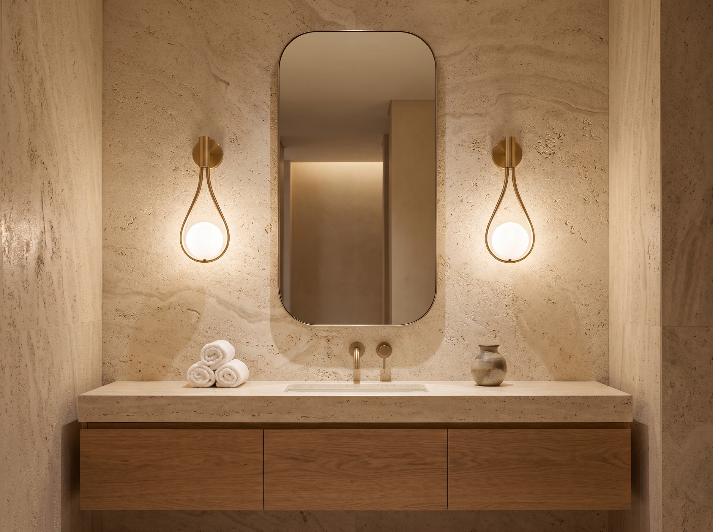LIVI sconces flanking a marble vanity mirror — The Holloway Home